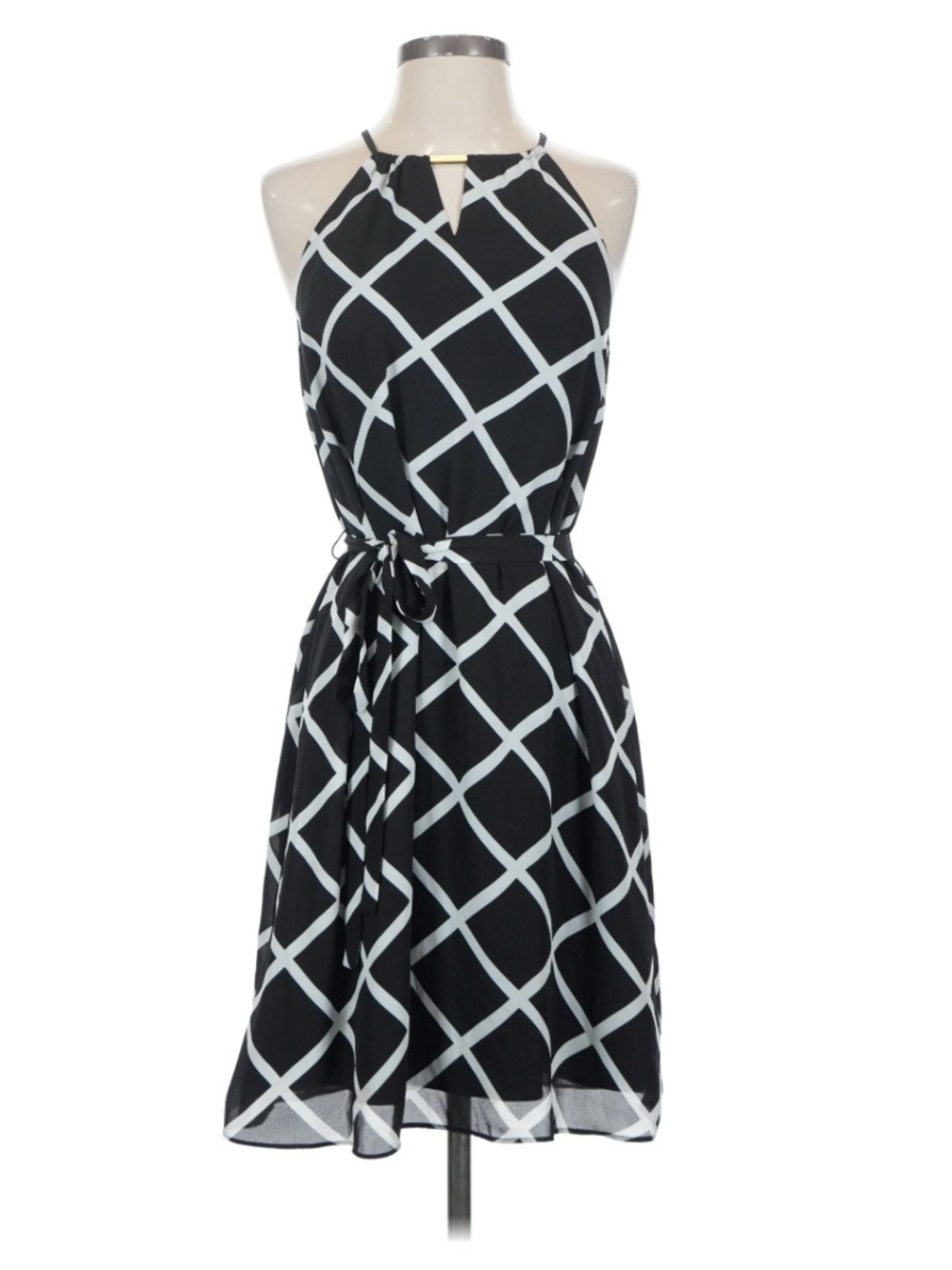 Tahari ASL Belted Black and White Checkered Lined Midi Dress